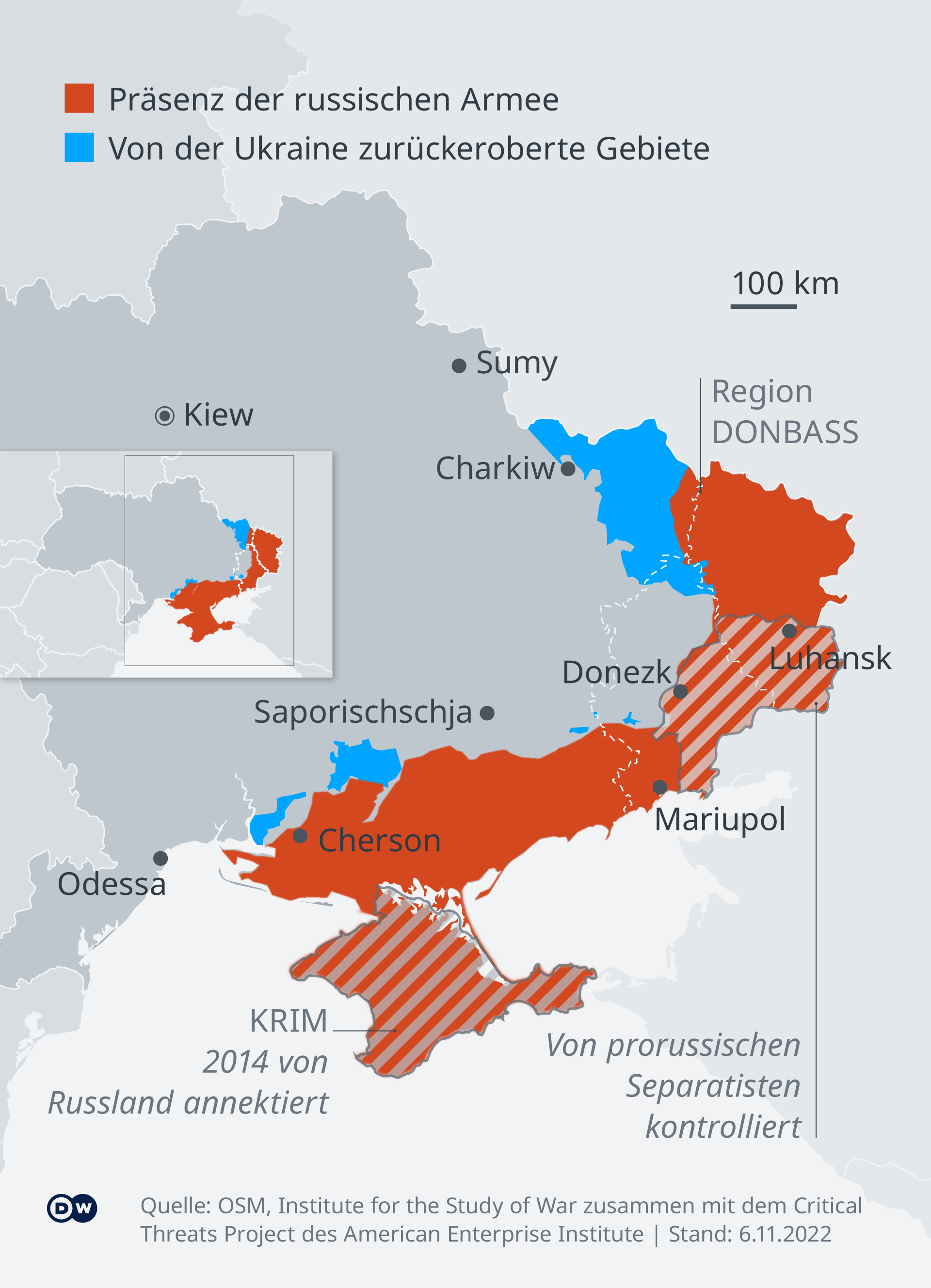 Eine Karte der Ukraine mit farbig markierten zurückeroberten Gebieten im Südosten des Landes, Stand 6.11.2022