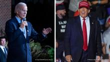 left: President Joe Biden speaks during a campaign event where he joined New York Gov. Kathy Hochul at Sarah Lawrence College in Yonkers, N.Y., Sunday, Nov. 6, 2022. (AP Photo/Craig Ruttle)
right: Former President Donald Trump reacts to the crowd after he finished speaking at a campaign rally in support of the campaign of Sen. Marco Rubio, R-Fla., at the Miami-Dade County Fair and Exposition on Sunday, Nov. 6, 2022, in Miami. (AP Photo/Rebecca Blackwell)
