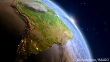 South America during sunrise from Earth's orbit in space. 3D illustration with detailed planet surface and visible city lights. Elements of this image furnished by NASA.