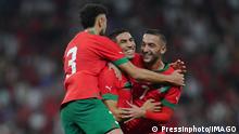 ESP: Morocco - Chile. Friendly Noussair Mazraoui, Achraf Hakimi and Hakim Ziyech of Morocco during the International Friendly, L‰nderspiel, Nationalmannschaft match between Morocco and Chile played at RCDE Stadium on September 23, 2022 in Barcelona, Spain. kpng Copyright: xPressinphotox PS_220923_430