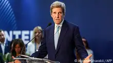 US Special Presidential Envoy for Climate John Kerry speaks at an event titled Accelerating the Clean Energy Transition in Developing Countries at the US Center, during the COP27 climate conference at the Sharm el-Sheikh International Convention Centre, in Egypt's Red Sea resort city of the same name, on November 9, 2022. (Photo by AHMAD GHARABLI / AFP)