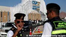 Egyptian police secure the area of Sharm el-Sheikh International Convention Centre, in Egypt's Red Sea resort city of the same name, during the COP27 climate conference, on November 11, 2022. (Photo by Mohammed ABED / AFP) (Photo by MOHAMMED ABED/AFP via Getty Images)