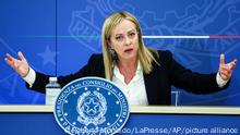 Italian Premier Giorgia Meloni speaks during a press conference at the end of a Cabinet meeting in Rome, Italy, Friday Nov. 4, 2022. (Roberto Monaldo/LaPresse via AP)