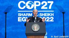 11.11.2022
US President Joe Biden delivers a speech during the COP27 summit in Egypt's Red Sea resort city of Sharm el-Sheikh, on November 11, 2022. - Biden arrived at UN climate talks in Egypt today, armed with major domestic achievements against global warming but under pressure to do more for countries reeling from natural disasters (Photo by SAUL LOEB / AFP)