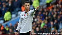 Manchester United's Cristiano Ronaldo gestures during the English Premier League soccer match between Aston Villa and Manchester United at Villa Park in Birmingham, England, Sunday, Nov. 6, 2022. (AP Photo/Rui Vieira)