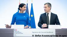 PARIS, FRANCE - NOVEMBER 14: Home Secretary Suella Braverman signs a historic deal with the French Interior Minister Gerald Darmanin, at the Interior Ministry on November 14, 2022 in Paris, France. The deal aims to tackle the small boats crisis as pressure mounts on the British immigration system, with Channel crossings topping 40,000 so far this year. (Photo by Stefan Rousseau - Pool/Getty Images)