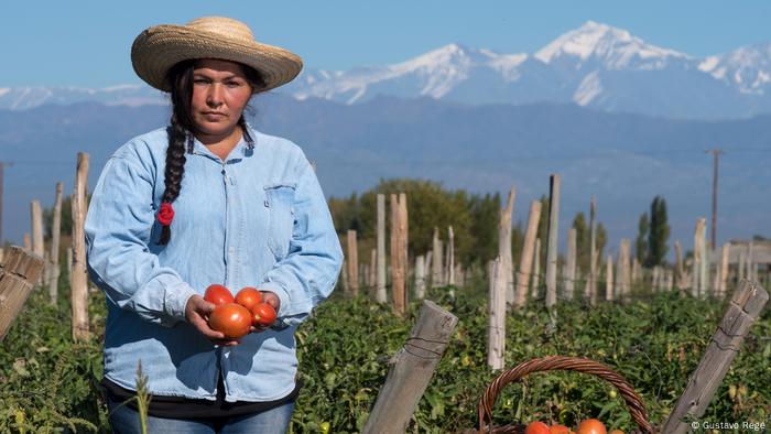 Mujer campesina con tomates en la mano.