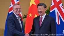 Australian Prime Minister Anthony Albanese, left, meets Chinese President Xi Jinping on the sidelines of the G-20 summit in Nusa Dua, Bali, Indonesia, Tuesday, Nov. 15, 2022. Albanese met with Chinese President Xi Jinping for the first face-to-face talk between the nations' leaders in five years. (Mick Tsikas/AAP Image via AP)