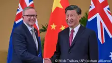 Australian Prime Minister Anthony Albanese, left, meets Chinese President Xi Jinping on the sidelines of the G-20 summit in Nusa Dua, Bali, Indonesia, Tuesday, Nov. 15, 2022. Albanese met with Chinese President Xi Jinping for the first face-to-face talk between the nations' leaders in five years. (Mick Tsikas/AAP Image via AP)