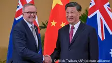 Australian Prime Minister Anthony Albanese, left, meets Chinese President Xi Jinping on the sidelines of the G-20 summit in Nusa Dua, Bali, Indonesia, Tuesday, Nov. 15, 2022. Albanese met with Chinese President Xi Jinping for the first face-to-face talk between the nations' leaders in five years. (Mick Tsikas/AAP Image via AP)