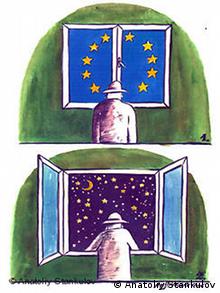 Čovjek pred prozorom. Na zatvorenom su zvjezdice Europske unije, na otvorenom se vidi zvjezdano nebo u noći