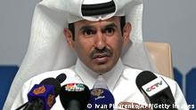 Qatar's Minister of State for Energy Affairs and President and CEO of QatarEnergy Saad Sherida al-Kaabi speaks during a press conference during the inauguration of the new al-Kharsaah solar power plant on October 18, 2022. - Gas-rich Qatar inaugurated its first solar plant on October 18, which organisers of the World Cup have said will provide clean energy for its stadiums. The solar farm in al-Kharsaah, west of the capital, is one of the biggest in the Middle East according to the emirate's energy minister. It was launched in 2016 in partnership with France's TotalEnergies and Japan's Marubeni as part of a broader push by Qatar -- one of the world's biggest producers of liquified natural gas -- to invest in solar energy. (Photo by Ivan PISARENKO / AFP) (Photo by IVAN PISARENKO/AFP via Getty Images)