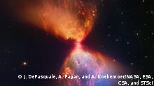 James Webb reveals glowing hourglass around a young star in formation Text: The protostar within the dark cloud L1527, shown in this image from NASA’s James Webb Space Telescope Near-Infrared Camera (NIRCam), is embedded within a cloud of material feeding its growth. Ejections from the star have cleared out cavities above and below it, whose boundaries glow orange and blue in this infrared view. The upper central region displays bubble-like shapes due to stellar “burps,” or sporadic ejections.
Credits: NASA, ESA, CSA, and STScI. Image processing: J. DePasquale, A. Pagan, and A. Koekemoer (STScI)
