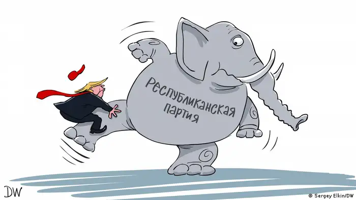 Слон с надписью на груди Республиканская партия сбрасывает наземь уцепившегося за его ногу Трампа