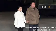 This photo provided on Nov. 19, 2022, by the North Korean government shows North Korean leader Kim Jong Un, right, and his daughter inspects a missile at Pyongyang International Airport in Pyongyang, North Korea, Friday, Nov. 18, 2022. North Korea’s state media said its leader Kim oversaw the launch of the Hwasong-17 missile, a day after its neighbors said they had detected the launch of an ICBM potentially capable of reaching the continental U.S. Independent journalists were not given access to cover the event depicted in this image distributed by the North Korean government. The content of this image is as provided and cannot be independently verified. Korean language watermark on image as provided by source reads: KCNA which is the abbreviation for Korean Central News Agency. (Korean Central News Agency/Korea News Service via AP)