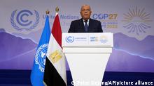 Sameh Shoukry, president of the COP27 climate summit, speaks at the summit, Saturday, Nov. 19, 2022, in Sharm el-Sheikh, Egypt. (AP Photo/Peter Dejong)