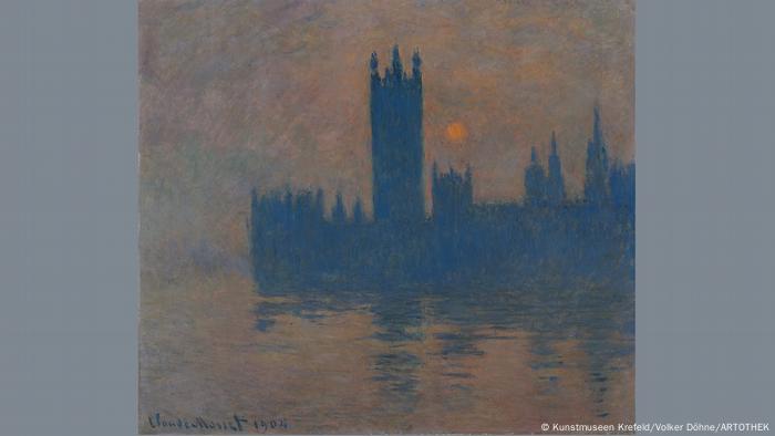 Black outlined painting of the Houses of Parliament in London, with an orange sun in the background