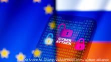 February 9, 2022, Asuncion, Paraguay: Illustration: In-camera multiple exposure image shows the phrase ''cyber attack'', visual representation of open lock and binary code digits on a smartphone backdropped by cropped waving flags of the European Union and Russia. (Credit Image: Â© Andre M. Chang/ZUMA Press Wire