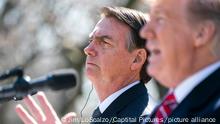 US President Donald J. Trump (R) and Brazilian President Jair Bolsonaro (L) speak at a press conference in the Rose Garden of the White House in Washington, DC, USA, 19 March 2019. Bolsonaro, a right-wing nationalist, earned the nickname the 'Trump of the Tropics'. CAP/MPI/RS ©RS/MPI/Capital Pictures