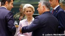 (From L/R) Czech Republic's Prime Minister Petr Fiala, Bulgaria's Prime Minister Kiril Petkov, President of the European Commission Ursula von der Leyen, Hungary's Prime Minister Viktor Orban and Slovakia's Prime Minister Eduard Heger during the EU-Western Balkans leaders' meeting in Brussels on June 23, 2022. - The European Union, which at a summit on June 23 and 24, 2022, will discuss whether to make Ukraine a membership candidate, has admitted over 15 countries in the past three decades. (Photo by Ludovic MARIN / AFP)