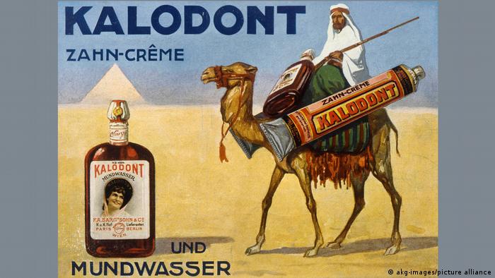 Werbung für deutsche Kalodont-Zahncreme 1914 mit Bild eines Beduinen, der auf einen Kamel reitet