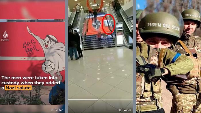 Kombobild gefälschter Indizien: WM-Maskottchen mit Hitler-Bärtchen und Sieg Heil-Aufschrift, Hakenkreuz auf Rolltreppe, jedem das seine auf einem ukrainischen Helm