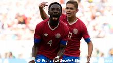 Costa Rica's Keysher Fuller celebrates after scoring his side's opening goal during the World Cup, group E soccer match between Japan and Costa Rica, at the Ahmad Bin Ali Stadium in Al Rayyan , Qatar, Sunday, Nov. 27, 2022. (AP Photo/Francisco Seco)