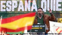 Leader of far-right party Vox Santiago Abascal gestures as he delivers a speech to his supporters during an anti-government protest in Madrid, on November 27, 2022. (Photo by PIERRE-PHILIPPE MARCOU / AFP) (Photo by PIERRE-PHILIPPE MARCOU/AFP via Getty Images)