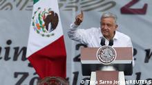 Mexican President Andres Manuel Lopez Obrador gestures as he speaks after attending a march with supporters to mark his fourth year in office, in Mexico City, Mexico November 27, 2022. REUTERS/Toya Sarno Jordan