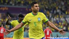 Brazil's midfielder #05 Casemiro celebrates after he scored his team's first goal during the Qatar 2022 World Cup Group G football match between Brazil and Switzerland at Stadium 974 in Doha on November 28, 2022. (Photo by NELSON ALMEIDA / AFP)