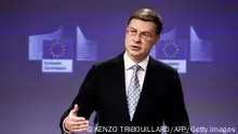 European Commission vice-president in charge the Euro, Social Dialogue, Financial Stability, Financial Services and Capital Markets Union Valdis Dombrovskis speaks during a press conference on Hungarys recovery and resilience plan and on the application of the Rule of Law conditionality regulation at EU headquarters in Brussels, on November 30, 2022. - The European Commission recommended 13 billion euros ($13 billion) in EU funds for Hungary be frozen because Budapest is falling short on its commitments to meeting European rule of law. (Photo by Kenzo TRIBOUILLARD / AFP) (Photo by KENZO TRIBOUILLARD/AFP via Getty Images)