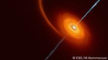 This artist’s impression illustrates how it might look when a star approaches too close to a black hole, where the star is squeezed by the intense gravitational pull of the black hole. Some of the star’s material gets pulled in and swirls around the black hole forming the disc that can be seen in this image. In rare cases, such as this one, jets of matter and radiation are shot out from the poles of the black hole. In the case of the AT2022cmc event, evidence of the jets was detected by various telescopes including the VLT, which determined this was the most distant example of such an event.