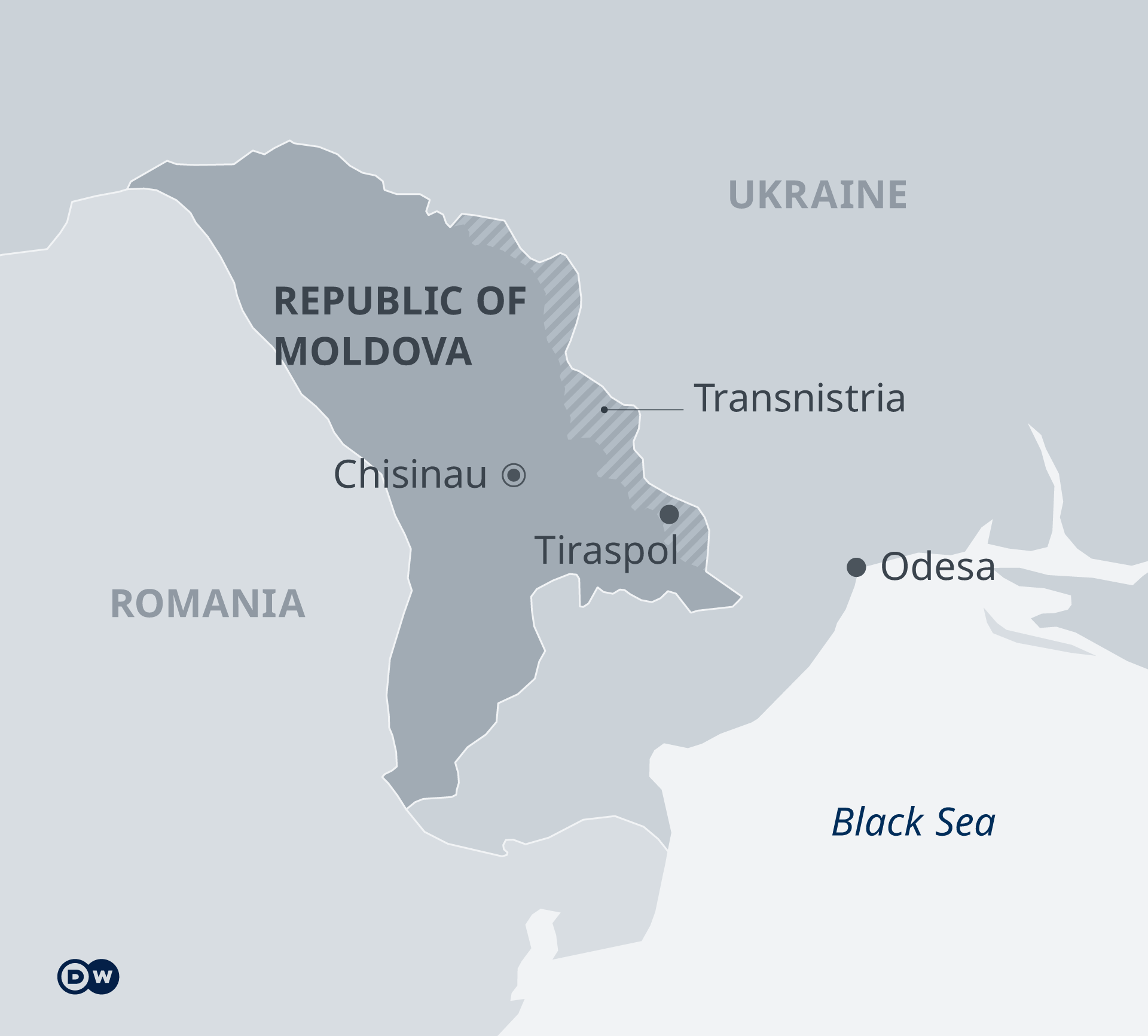 Map showing Moldova, Transnistria. surrounding countries and the Black Sea