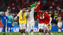 Morocco's midfielders #08 Azzedine Ounahi and #15 Selim Amallah celebrate winning the Qatar 2022 World Cup Group F football match between Canada and Morocco at the Al-Thumama Stadium in Doha on December 1, 2022. (Photo by Miguel MEDINA / AFP) (Photo by MIGUEL MEDINA/AFP via Getty Images)
