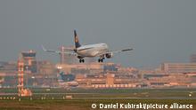 Landender Jet der Lufthansa am Frankfurter Flughafen Fraport