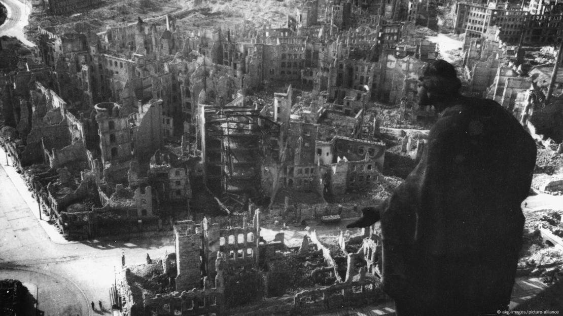 Aerial photo showing the severe and widespread damage in Dresden, taken around February 14 or 15, 1945, shortly after the bombing.