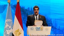 Nicolas Maduro, president of Venezuela, speaks at the COP27 U.N. Climate Summit, Tuesday, Nov. 8, 2022, in Sharm el-Sheikh, Egypt. (AP Photo/Peter Dejong)