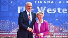 TIRANA, ALBANIA - DECEMBER 06: EU Commission President Ursula von der Leyen (R) is welcomed by Albanian Prime Minister Edi Rama (L) ahead of EU-Western Balkans Summit in Tirana, Albania on December 06, 2022. Olsi Shehu / Anadolu Agency