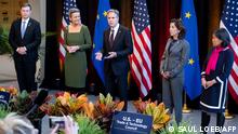 European Commission Executive Vice President Valdis Dombrovskis (L), European Commission Executive Vice President Margrethe Vestager (2nd L), US Secretary of State Antony Blinken (C), US Secretary of Commerce Gina Raimondo (2nd R) and US Trade Representative Katherine Tai (R) speak to the media following the US-EU Trade and Technology Council (TTC) Ministerial Meeting at the University of Maryland in College Park, Maryland, on December 5, 2022. (Photo by SAUL LOEB / AFP)