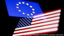 Flags of European Union and United States displayed on phone screens are seen in this multiple exposure illustration photo taken in Krakow, Poland on May 15, 2022. (Photo illustration by Jakub Porzycki/NurPhoto)