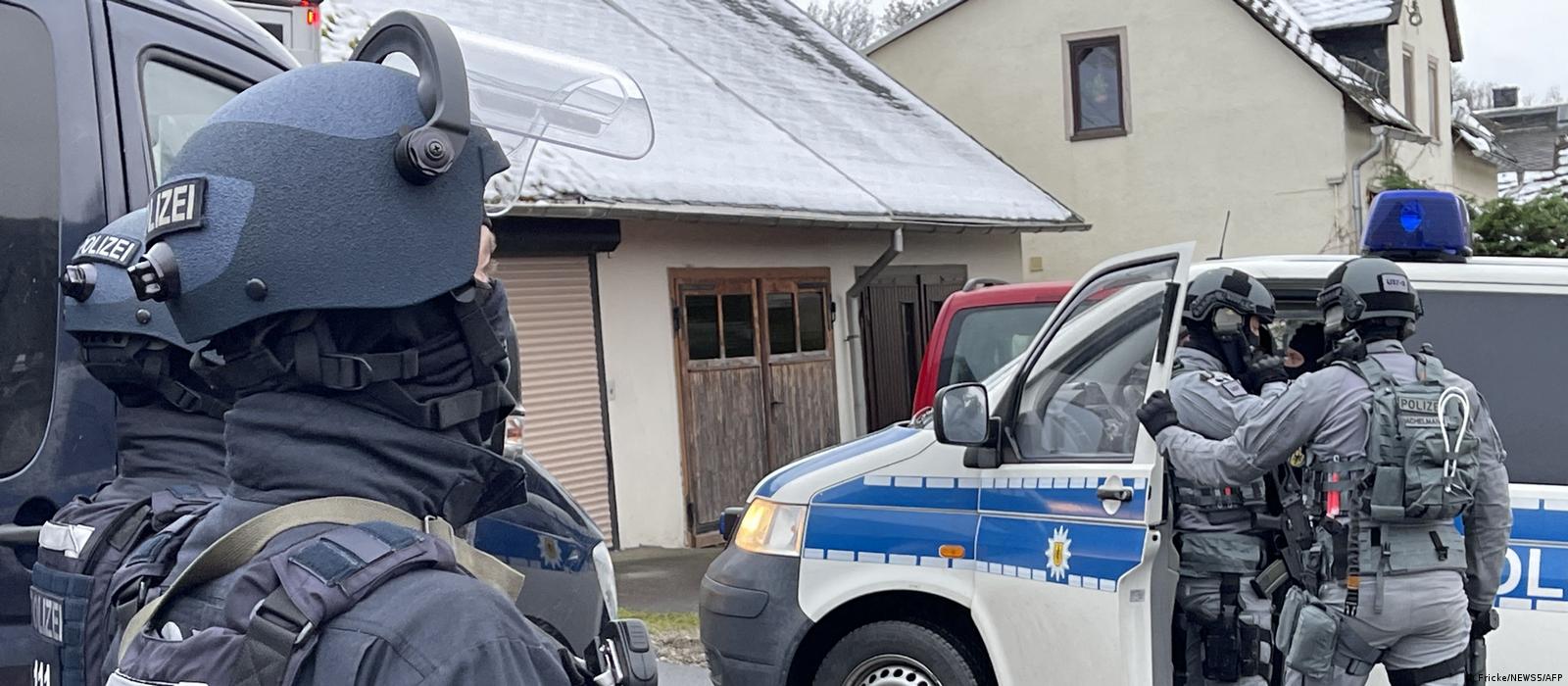 German special police forces patrol and search the area in Bad Lobenstein, Thuringia, eastern Germany