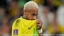 Brazil's Neymar reacts during the World Cup quarterfinal soccer match between Croatia and Brazil, at the Education City Stadium in Al Rayyan, Qatar, Friday, Dec. 9, 2022. (AP Photo/Martin Meissner)
