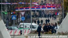 MITROVICA, KOSOVO - DECEMBER 06: A general view of the scene as security forces take measures nearby the Municipal Elections Commission office on the northern bank of the Ibar river of Mitrovica, the northern city of Kosovo, following five explosions, multiple rifle gunshots, and air raid sirens on Tuesday, Dec 6, 2022. Vudi Xhymshiti / Anadolu Agency