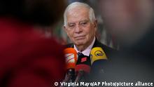 European Union foreign policy chief Josep Borrell speaks with the media as he arrives for a meeting of EU foreign ministers at the European Council building in Brussels, Monday, December 12, 2022. (AP Photo/Virginia Mayo)