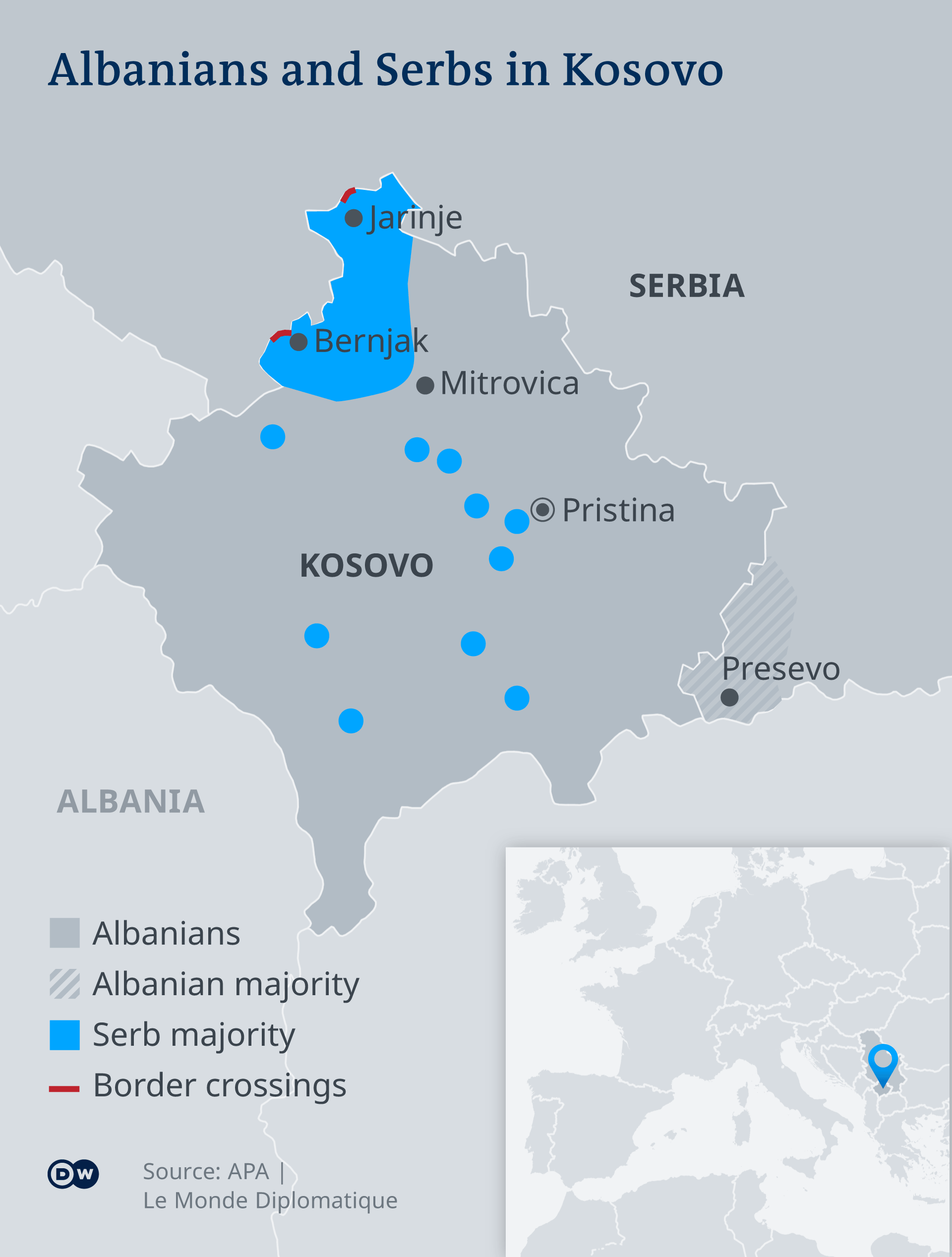  Карта на Косово - в синьо са оцветени частите със сръбско болшинство, в сиво - с албанско. 