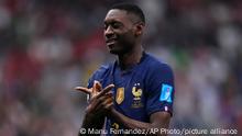 France's Randal Kolo Muani celebrates scoring his side's second goal during the World Cup semifinal soccer match between France and Morocco at the Al Bayt Stadium in Al Khor, Qatar, Wednesday, Dec. 14, 2022. (AP Photo/Manu Fernandez)