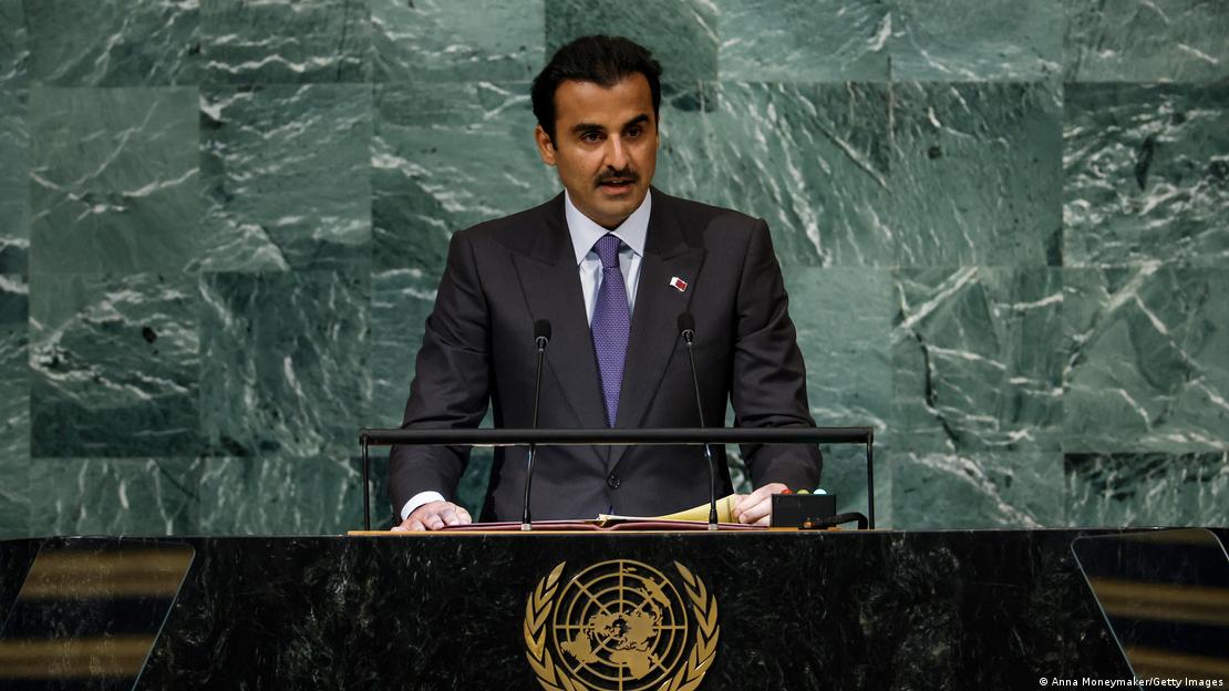 Emir of Qatar Sheikh Tamim bin Hamad Al Thani speaks at the 77th session of the United Nations General Assembly.
