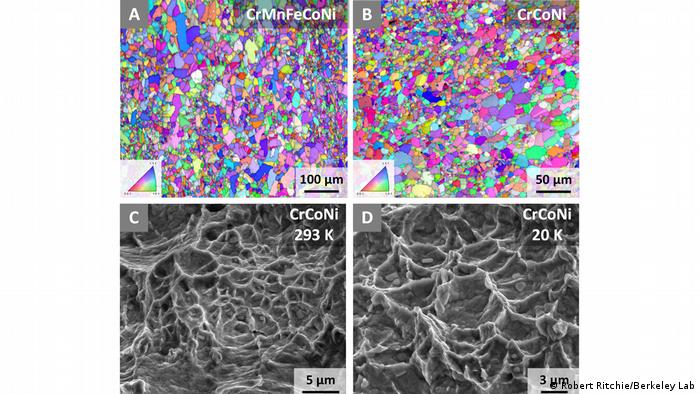 Estas imágenes, generadas a partir de microscopía electrónica de barrido, muestran las estructuras de grano y las orientaciones de la red cristalina de (A) las aleaciones CrMnFeCoNi y (B) CrCoNi. (C) y (D) muestran ejemplos de fracturas en CrCoNi a 293 K y 20 K, respectivamente.