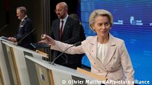 European Commission President Ursula von der Leyen prepares to address a media conference at an EU summit in Brussels, Thursday, Dec. 15, 2022. EU leaders met for a one day summit on Thursday to discuss Ukraine and further measures to contain energy prices hikes in the European Union. (AP Photo/Olivier Matthys)