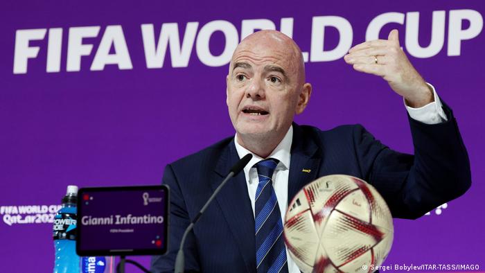 FIFA President Gianni Infantino speaks during the final press conference of the 2022 World Cup in Qatar. 